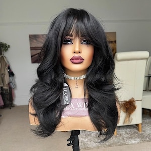 Emily. Black Wolf Cut Wig. Off Black Dark Brown Layered Wig. Face Framing Layers. Fringe Wig. 24 inch natural everyday wig by LUX