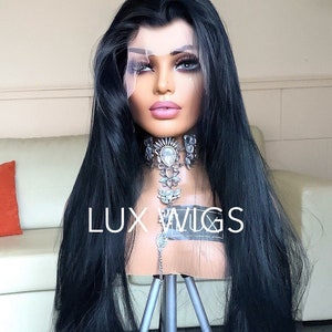 Jet. 30” straight jet black lace front wig, thick and very long