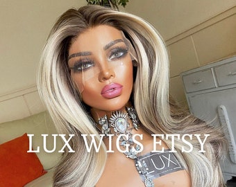 Oscar. Human Synthetic Mix Wig. Dark and Medium Brown T Part Lace Wig with Honey Blonde Highlights 26 inches long wig.