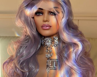Steph. Light Purple Lace Front Wig With Baby Pink Tips. Layered Wig. Curly Purple Wig. Lace Front Wig. 28 inch Long Wig