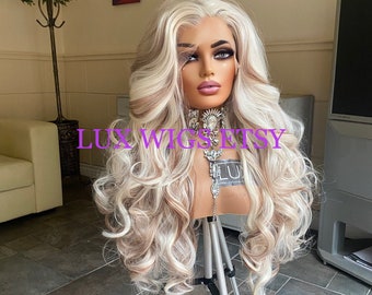 Amy. Curly Blonde Wig. Blonde 28 inches Long Platinum Blonde Wig. Auburn brown lowlights. Blonde lace front wig. Blonde wig for woman.