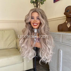 Violet. Blonde Lace Front Wig. Thick Long Blonde T-Part Lace Front Wig. Long Blonde wig with Light Brown ombré
