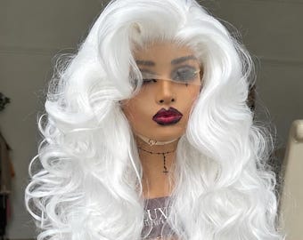 Mandy 28” White Curly Lace Front Wig – Glueless White Blonde Synthetic Thick Wig, Pre-Plucked Hairline, Heat Safe. Extra Long White Wig