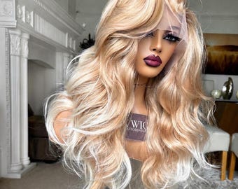 Catherine Strawberry Blonde Lace Front Wig – 28” Glueless Synthetic Wig, Soft Waves, Natural Roots, Heat Safe, Pre-plucked Hairline