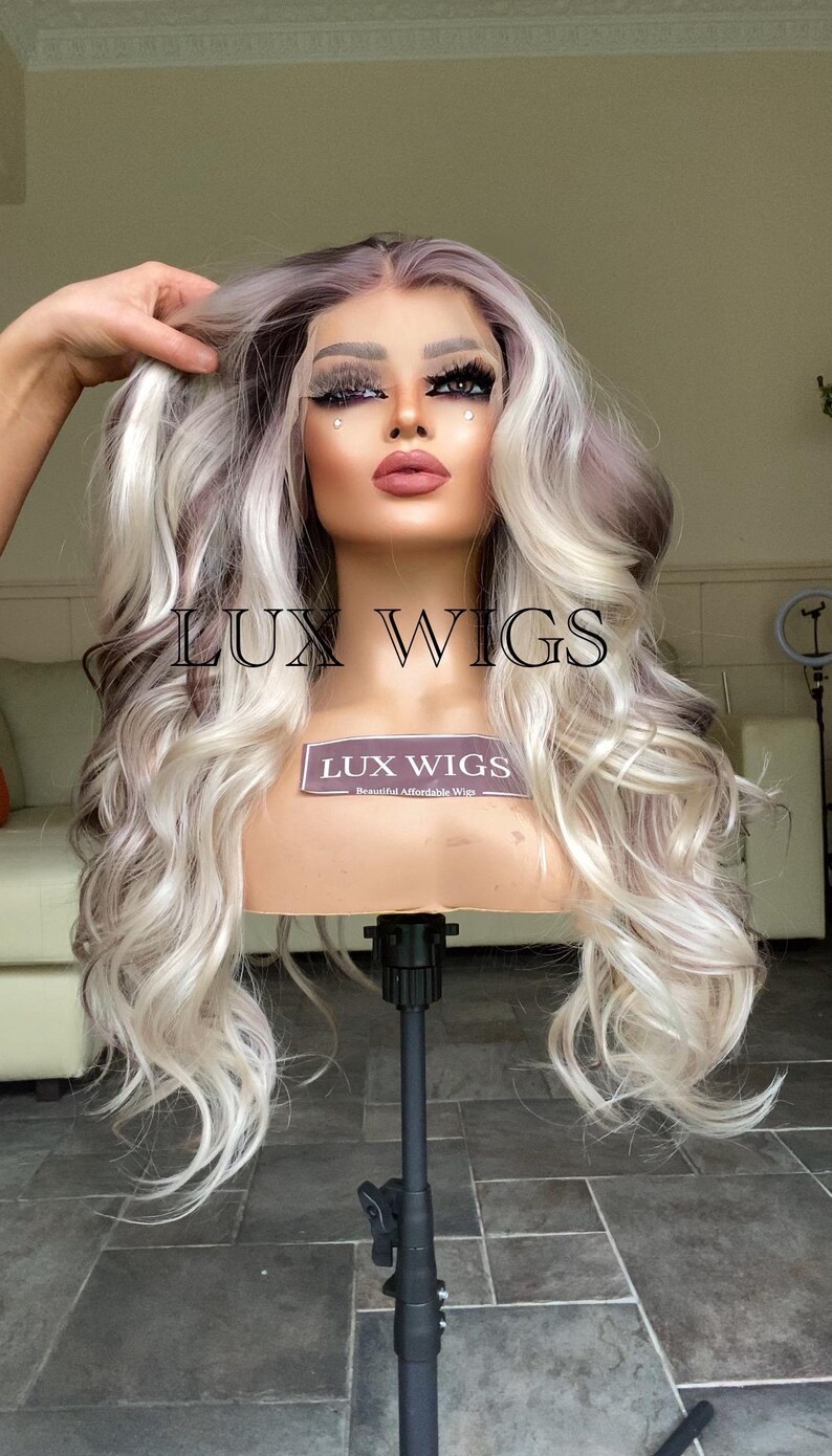 Balayage Human Synthetic Blend. Platinum Blonde and Dark Brown Lace Wig. 28 inches long wig. Curly Layered Long Blonde Wig