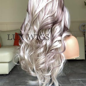 Balayage Human Synthetic Blend. Platinum Blonde and Dark Brown Lace Wig. 28 inches long wig. Curly Layered Long Blonde Wig