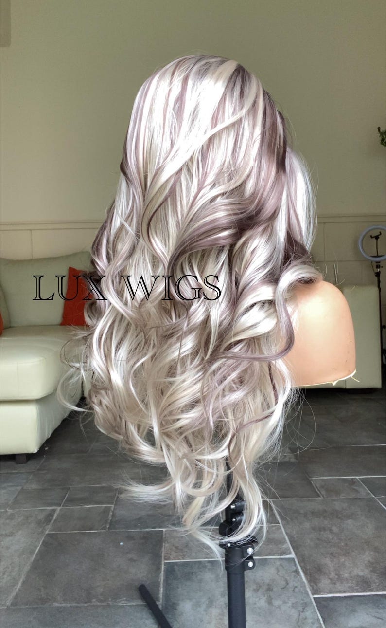 Balayage Human Synthetic Blend. Platinum Blonde and Dark Brown Lace Wig. 28 inches long wig. Curly Layered Long Blonde Wig