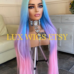 Natalie. Straight Rainbow Wig. T Part Lace. Pink, Purple. Light Blue, Aqua Blue. Dark Blue 40 inche wig