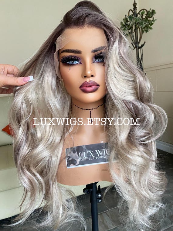 Espresso. Balayage Human Synthetic Blend. Platinum Blonde and Dark Brown Lace Wig. 28 inches long wig. Curly Layered Long Blonde Wig