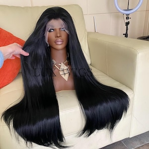 Jayne. Triple Drawn. Black Lace Front Wig. 32 inches bone straight jet black lace front wig, thick and very long