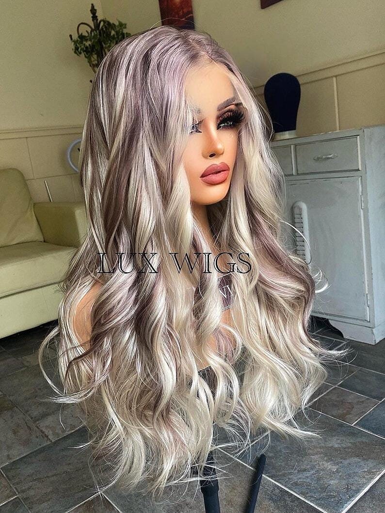 Blonde Balayage Wig. Blonde Human Synthetic Blend. Platinum Blonde and Dark Brown Lace Wig. 28 inches long wig. Curly Layered Long Blonde Wig