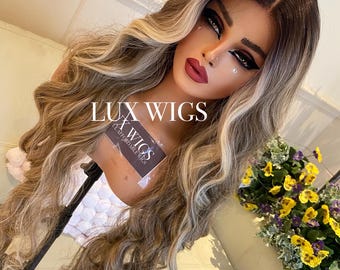 Gabi. Blonde lange Balayage Perücke. Blonde Perücke dunkel und Mittelbraun T-Teil-Spitze-Perücke mit blonden Highlights 36 Zoll lange Perücke.