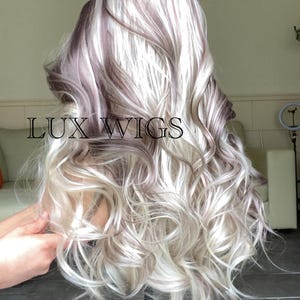 Balayage Human Synthetic Blend. Platinum Blonde and Dark Brown Lace Wig. 28 inches long wig. Curly Layered Long Blonde Wig