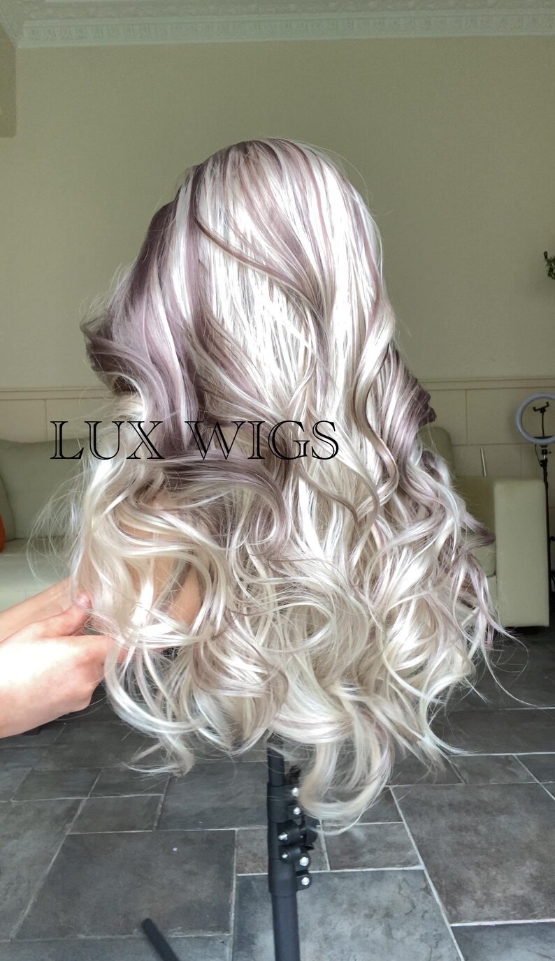 Balayage Human Synthetic Blend. Platinum Blonde and Dark Brown Lace Wig. 28 inches long wig. Curly Layered Long Blonde Wig