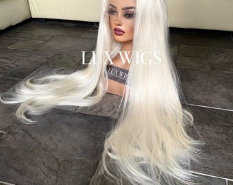 Emma Platinum Blonde Wig – 32” Straight Lace Front, Glueless Synthetic Wig with Natural Roots, Pre-Plucked HD Lace, Heat Safe