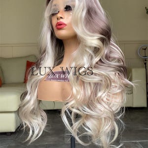 Balayage Human Synthetic Blend. Platinum Blonde and Dark Brown Lace Wig. 28 inches long wig. Curly Layered Long Blonde Wig