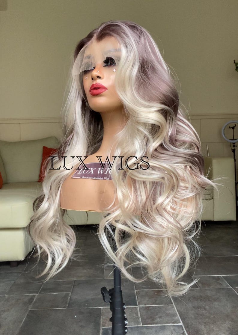 Balayage Human Synthetic Blend. Platinum Blonde and Dark Brown Lace Wig. 28 inches long wig. Curly Layered Long Blonde Wig