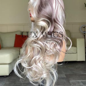 Balayage Human Synthetic Blend. Platinum Blonde and Dark Brown Lace Wig. 28 inches long wig. Curly Layered Long Blonde Wig