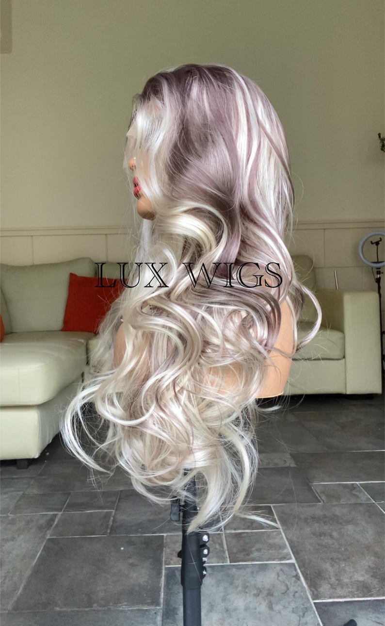 Balayage Human Synthetic Blend. Platinum Blonde and Dark Brown Lace Wig. 28 inches long wig. Curly Layered Long Blonde Wig