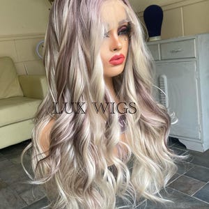 Balayage Human Synthetic Blend. Platinum Blonde and Dark Brown Lace Wig. 28 inches long wig. Curly Layered Long Blonde Wig