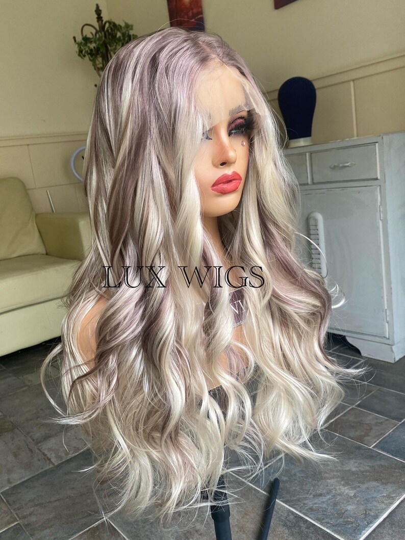 Balayage Human Synthetic Blend. Platinum Blonde and Dark Brown Lace Wig. 28 inches long wig. Curly Layered Long Blonde Wig