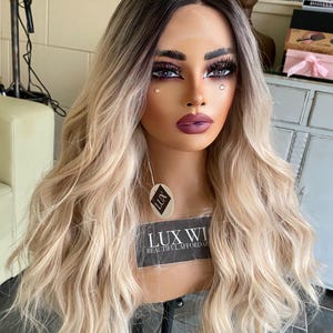 Sandra. Light Blonde Lace Front Wig. Wavy Blonde Hair. Dark Roots. 2 x 4 T Part Lace Front