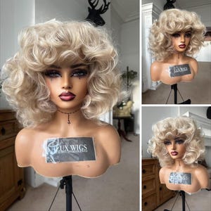 Brenda: Thick Short Blonde Wig. Curly Short Blonde Wig. Natural Blonde Wig. Blonde wig with fringe Wigs For Woman.