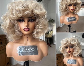 Brenda: Thick Short Blonde Wig. Curly Short Blonde Wig. Natural Blonde Wig. Blonde wig with fringe Wigs For Woman.