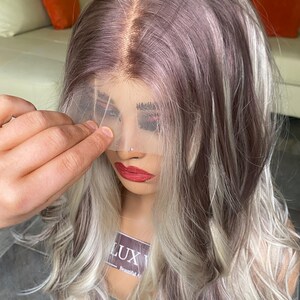Balayage Human Synthetic Blend. Platinum Blonde and Dark Brown Lace Wig. 28 inches long wig. Curly Layered Long Blonde Wig