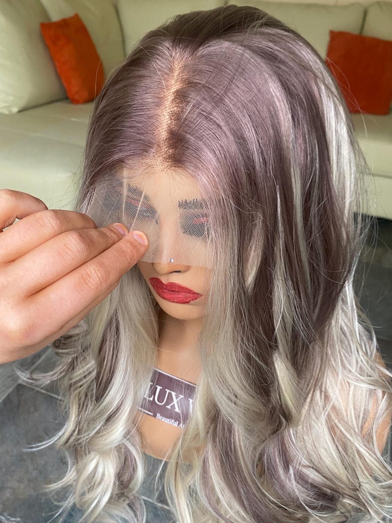 Balayage Human Synthetic Blend. Platinum Blonde and Dark Brown Lace Wig. 28 inches long wig. Curly Layered Long Blonde Wig