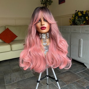 Poppy. Pink  Fringe Wig with dark roots. Fringe Bangs wig. Pink Wig. Long Layers, straight with curly ends.
