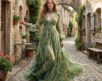 Boho Summer Maxi Dress, Floral Deep V Neck Vintage Dress, Flowy Party Vacation Dress, Romantic Bohemian Holiday Outfit