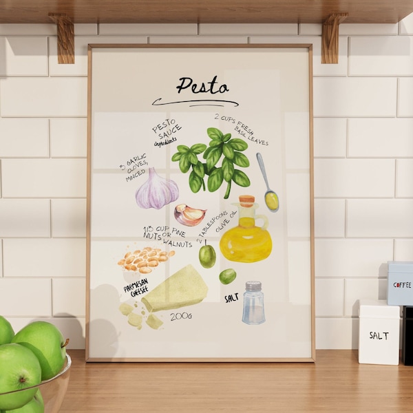 Pesto-Rezeptdruck, Pesto-Sauce-Zutaten, Basilikum, Gemüse, Küche, druckbare Wandkunst, Pasta-Liebhaber, italienisches Essen, Poster, Restaurant Parmesan