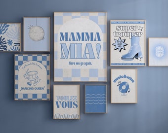 Gallery Wall Set of 9 | Mamma Mia Dancing Queen Print Gimme Poster  Disco Ball Disco Music Group Maximalism Gallery Wall Art 70s Sea Blue