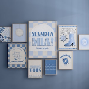 Conjunto de 9 impresiones de pared de galería / Mamma Mia Dancing Queen, póster Gimme, bola de discoteca, grupo de música disco, maximalismo, arte de pared de galería, años 70, azul marino