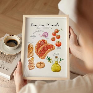 Pan con Tomate Print, Ingredients Spanish Typical Food Mediterranean Garlic Kitchen Wall Art Baguette Poster Spain Culture Recipe Watercolor