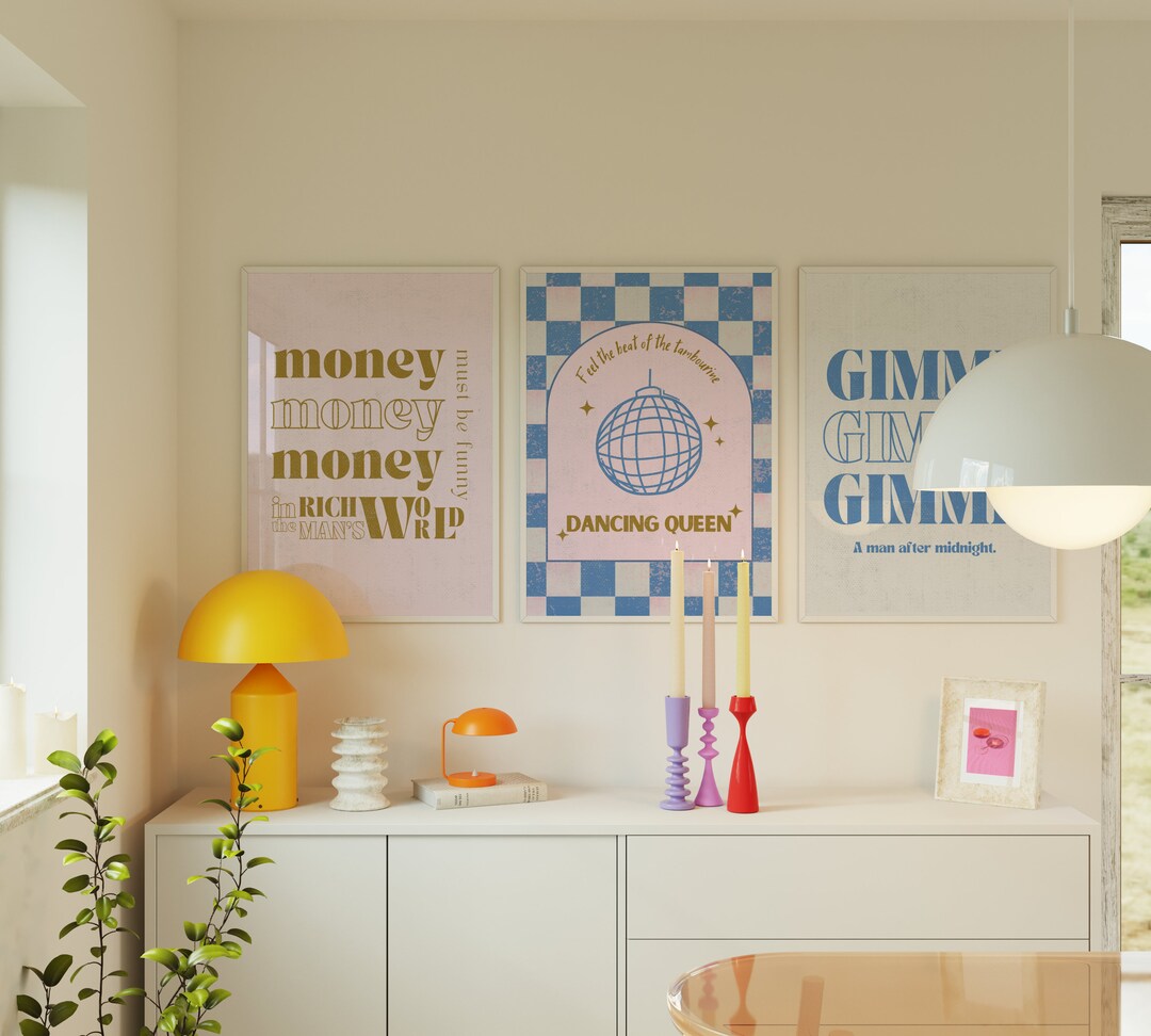 Set of 3 Dancing Queen Gimme Poster Money Wall Art Retro Music Print ...