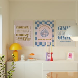 Conjunto de 3 impresiones de Dancing Queen Gimme Money Wall Art, impresión de música retro, bola de discoteca, fiesta, arte de pared, impresión de los años 80 y 70, paquete de decoración de dopamina, impresión en PDF