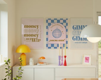 Set of 3 Dancing Queen Gimme Poster Money Wall Art Retro Music Print Disco Ball Party Wall Art 80s 70s Print Dopamine Decor Bundle Print PDF
