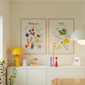 Conjunto de 2 Salsa Impresión Pesto Receta Boloñesa Cartel de Comida Menú de Restaurante Italiano Ingredientes Parmesano Pasta Lover Club Spaghetti Wall Art Set