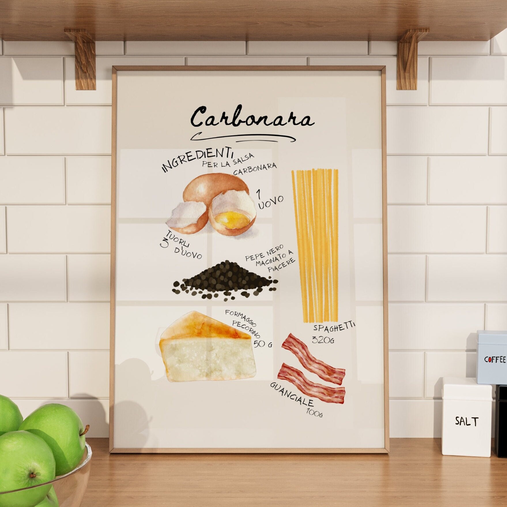 Carbonara Recipe Print, Sauce Ingredients Guanciale Italy Kitchen Printable Wall Art Pasta Italian Food Poster Restaurant Spaghetti Cheese