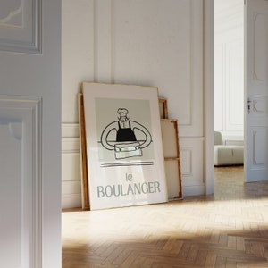 Le Boulanger Cartoon Print, Green Classy Illustration French Print Kitchen Bakery Classic Cafe Pastry Shop Kitchen Decor Coffee Retro Poster
