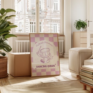 Impresión rosa de Dancing Queen, tambor retro de los años 70, película Mamma Mia, decoración de apartamento femenino, arte de pared de fiesta estética, decoración de dopamina de los años 80, islas griegas PDF