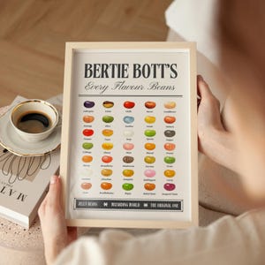 May include: A framed print displaying Bertie Bott's Every Flavour Beans. The print showcases a grid of colourful jelly beans, each representing a distinct flavour. The frame is light-coloured, with text including "Jelly Beans", "Wizarding World", and "The Original One".
