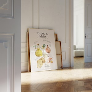 Tortilla de Patatas Recipe Print, Ingredients Spanish Typical Food Mediterranean Cuisine Wall Art Omelet Poster Spain Restaurant Watercolor