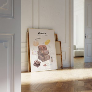 May include: A watercolor illustration of a brownie recipe with the title "Brownie" and the word "Ingredients" listed. The illustration shows a stack of brownies, chocolate bars, a pumpkin, butter, sugar, vanilla extract, and cocoa powder.