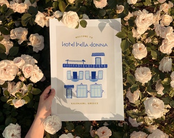 Hotel Bella Donna Print, Greek Islands Greece Mykonos Poster Santorini Skopelos Mamma Mia Mediterranean Summer Crayon Facade Wall Art Blue