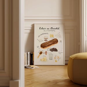 May include: A framed watercolour print titled "Éclair au Chocolat" showing the ingredients for the French pastry. The illustration includes an éclair, cocoa, butter, milk, eggs, and other components, with handwritten labels.