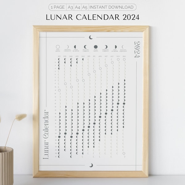 Lunar Calendar 2024, Moon Phases, Digital Calendar 2024, Digital Moon Calendar, Moon Phase Calendar, Digital Download, Mystic, Moon Design