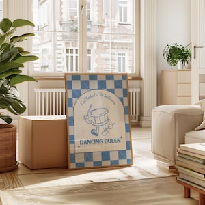 Impresión azul de la Reina del Baile, tambor retro de los años 70, película Mamma Mia, decoración de apartamento femenino, arte de pared de fiesta estética, decoración de dopamina de los años 80, islas griegas (PDF)